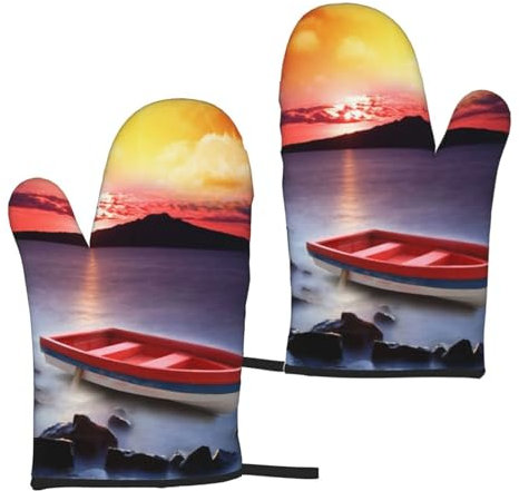 Red Fishing Boat Oven Mitts 2pcs - Waterproof Heat Resistant Kitchen Oven Gloves For Cooking, Baking, And Grilling