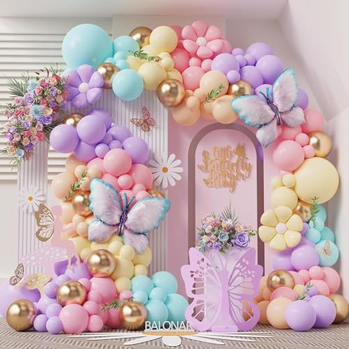 Pastel Daisy Balloons Garland Arch Kit, Butterfly Groovy Daisy Flower Macaron Pastel Balloons Garland for Two Groovy Princess Girls' Baby Shower Themed Boho Birthday Wedding Party Decorations