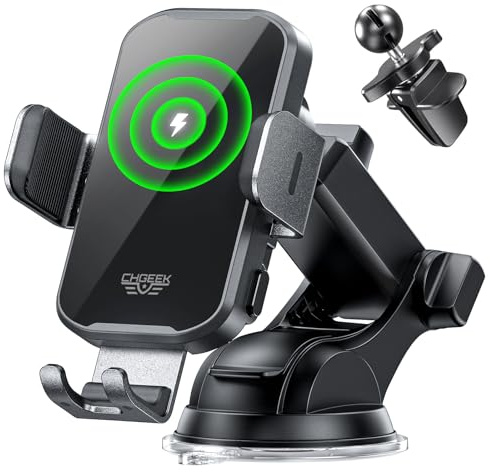 CHGeek Wireless Car Charger Phone Holder Mount, 15W Fast Charging Auto Clamping Phone Holders for Your Car Dashboard Windshield Air Vent Car Accessories for iPhone, Samsung Galaxy, Google Pixel etc