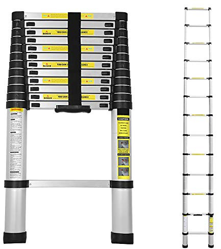 Yakimz Teleskopstege aluminium, 3,8 m utdragbar multifunktionsstege aluminiumstege, teleskop 150 kg lastkapacitet, utdragbar stege vikbar stege för trädgård, inomhus, utomhus