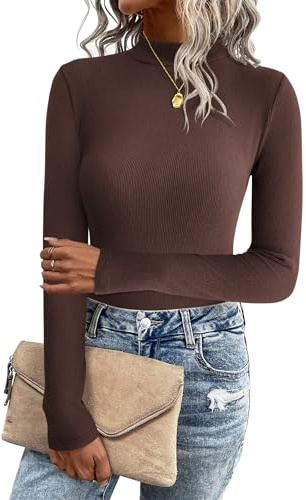 Zeagoo Jersey De Punto para Mujer Jersey Informal con Cuello Alto Monocolor Camiseta Slim Fit Tops Camisas De Punto Básicas Ligeras Tops De Manga Larga Tops Marrón S