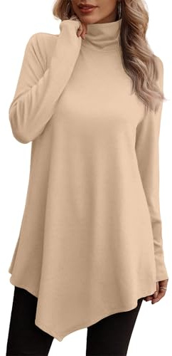 JUSTFASHIONNOW Womens Tunic Tops to Wear with Leggings Casual Fall Shirts for Women 2025 Trendy Loose Long Tee Shirts for Women Khaki L