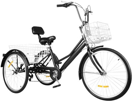 Huspoo 24 tums vuxna seniorer trehjuling, 7 hastigheter 3 hjul shopping cykel trehjuling cykel w/basket, höjdjusterbar trehjuling cykel för äldre män och kvinnor, svart