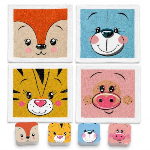 MIJOMA Set di 4 Panni Magici, Asciugamano per Bambini, Pensierino Tombola, 100% Cotone, Si Sviluppa in Acqua Calda (Amici degli Animali)