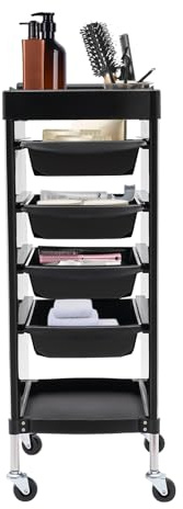 SOLOCJNL Salon Trolley Cart, Carrello per capelli Rolling Storage Organizer con 4 cassetti e 4 ruote universali per salone di bellezza, nero