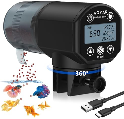 Aoyar Automatic Fish Feeder for Aquarium: USB Rechargeable Auto Food Dispenser, 200 ML Moisture-Proof Timer with LCD Display, Vacation Fish Tank Timer