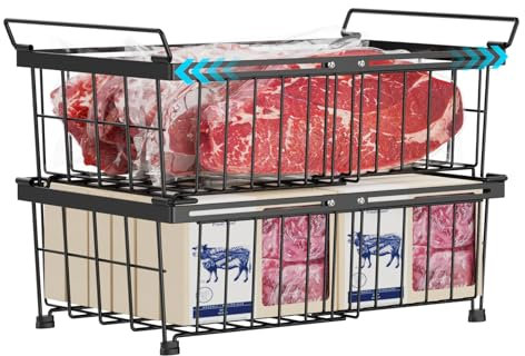 iSPECLE Chest Freezer Baskets - Fit 283 to 566L, 2 Pack Large Expandable Wire Basket for Deep Freezer, Stack to Add Space, Easy to Get Items with Handles, Air Circulation for Better Freshness, Black