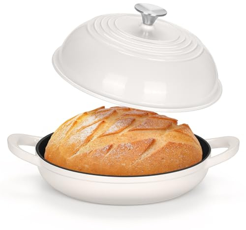 TeamFar Cast Iron Bread Dutch Oven, 6 Qt Enameled Dutch Oven Pot for Sourdough Bread Baking, with Tall Dome Lid & Round Base Pan, Self-Basting & Even-Heating, Heavy-Duty & Non-stick, White