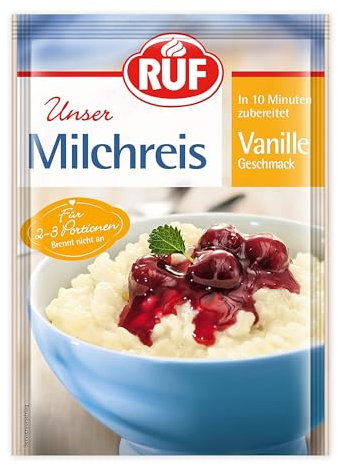 RUF Milchreis Vanille-Geschmack, Reisbrei, geeignet als Dessert, Zwischenmahlzeit oder süße Hauptspeise, fertig in 10 Minuten, 1 x 125g (Packung mit 10)