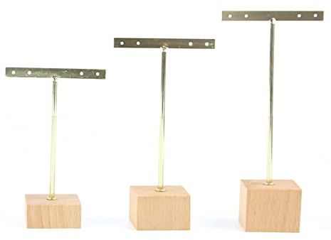 Sunmeit Présentoir de boucles d'oreilles en métal doré 3 pièces avec base carrée en bois Supports de bijoux à 4 trous Organisateur de boucles d'oreilles pendantes