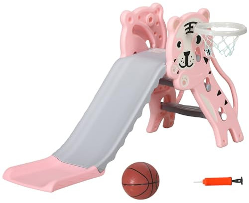 AIYAPLAY Tobogán Infantil 3 en 1 Tobogán para Niños de 18 a 36 Meses con 2 Escaleras 1 Canasta de Baloncesto y Patrón de Animal para Interior 133x60x70 cm Rosa y Gris
