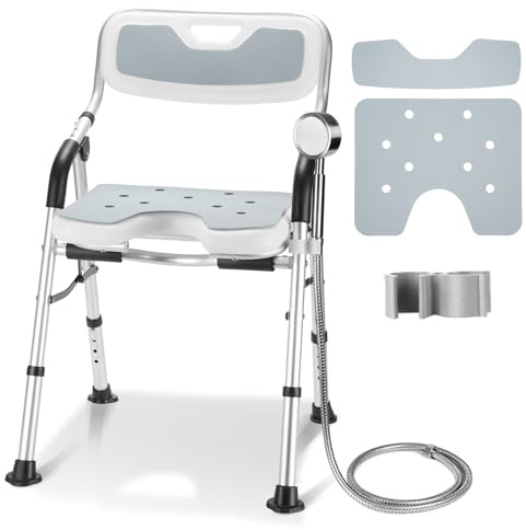 DEWEL Sedia per Doccia Anziani Pieghevole, con Schienale, Regolabile in Altezza, Antiscivolo, con Staffa per Doccia, Installazione Aenza Attrezzi, Sedia per Doccia Anziani, Portata di 150 Kg (Grigio)