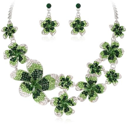 Ever Faith Vintage Flower Jewellery Set for Women, Green Enamel Rhinestone Crystal Floral Statement Necklace Drop Dangle Earrings Boho Summer Beach Necklaces Sets for Wedding Prom Party