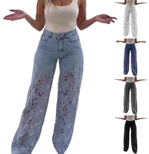Damjeans med vid ben, denimbyxor, med spets, patchwork, baggy Y2K, höftjeans, sexiga byxor, stretchjeans, stora, estetiska jeans, L