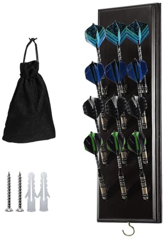 Darts Holder Wall Mount - Solid Wood Dart Display Rack Displays 12 Steel Soft Tip Darts Dart Caddy for Wall with Metal Hook Accessory Storage Bag Organiser Dart Stand for Game Rooms Bars Home Use