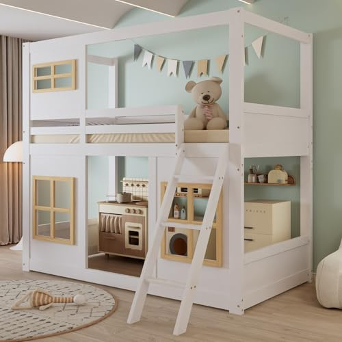 PUGSDRLY Lit Mezzanine 1 Place avec 3 Belles Fenêtres,Barrière de lit Intégrale,Lit Cabane Enfant 90x200 avec Sommier à Lattes,pour Enfants Adolescents (A)