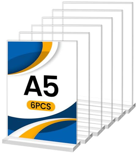 FxlStelrion 6 Pezzi Porta Cartelli in Acrilico A5, T Forma Trasparenti Espositore Plexiglass, A5 Espositore da Tavolo a Doppia Faccia per Ristorante, Caffetterie, Ufficio, Foto, Menu
