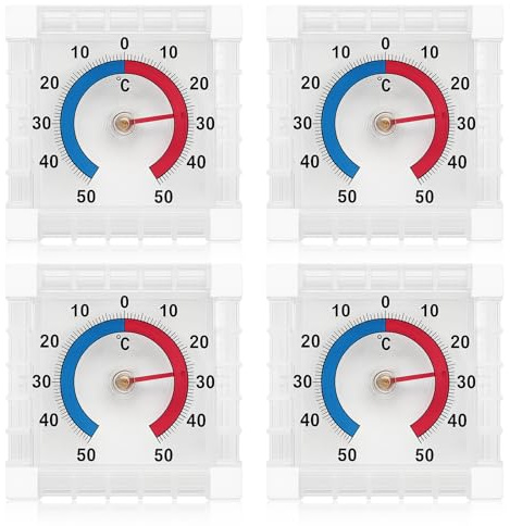 KELAV Termómetro de Ventana Autoadhesivo 4 Piezas, 7.5x7.5cm Termómetro Analógico Escala Bicolor, Medición Precisa -50 °C tot 50 °C, Unidades Termómetro Exterior para Hogar Jardín