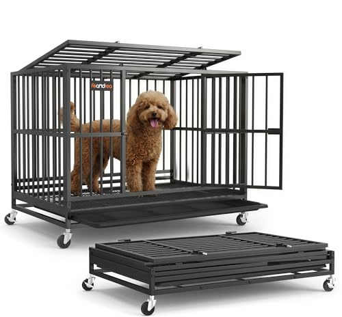 Feandrea Heavy-Duty Dog Crate, 5-Minute Quick Assembly, Foldable Dog Kennel Cage with Lockable Wheels, Double Doors, Escape Proof Fixed Bottom, Ink Black, 93.5 x 59 x 71 cm PPD032BH01