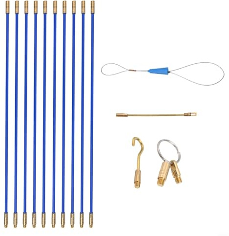 Professional Cable Pulling Set with 10 Fiberglass Rods 33cm x 4mm and Accessories Including Storage Case, Connectors, and Sliding Eye End