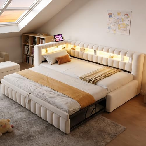 Arhatreya Sängklädselsäng 90 x 200 cm med utdragbar säng – bäddsoffa med LED-belysning, rymligt huvudgavel och ryggstöd, USB-laddningsport, klassiskt randigt mönster, sammetstyg, beige