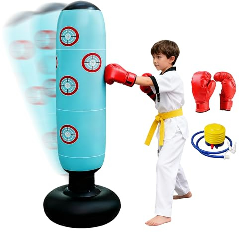 Sac de Frappe Enfant, Sac de Boxe Enfant avec Gants de Boxe, Sac de Frappe sur Pied 160cm, Sac de Sport Boxe Autoportant, Sac de Frappe Gonflable avec Gants de Boxe