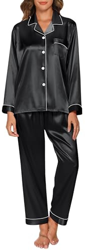 GAESHOW Conjunto de Pijama de Seda de Satén para Mujer, Conjunto de Manga Larga con Botones, Ropa de Dormir, Ropa de Descanso, Conjuntos de Dos Piezas, S-XXL(S)