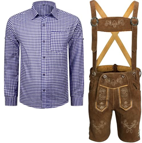 Traditionell herr-set, läderbyxor med remmar + traditionell skjorta, bayersk oktoberfest (byxor + skjorta) BKB02, Byxor brun & skjorta blå vit rutiga, Lederhose 50 + Hemd L