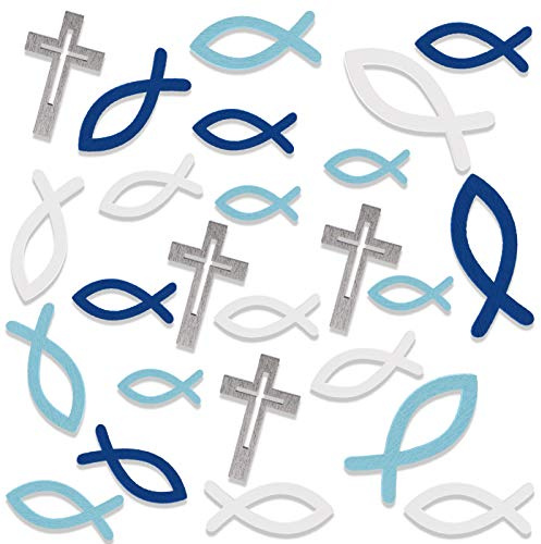 HOWAF 100 pièces décoration de Croix de Poisson en Bois pour Confirmation de Communion de baptême, décoration de Dispersion de Poisson Bleu pour décoration de Table de baptême,décoration de Communion