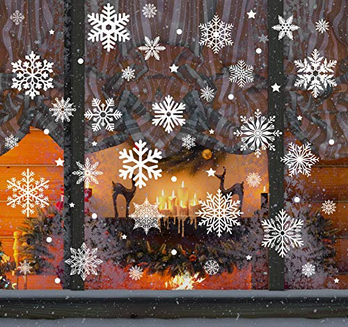 ABSOFINE 140Pcs Christmas Snowflakes Window Stickers White Clings Static Snow Flakes Reusable Decals Decorations for Xmas Party Window Mirror Fireplace (8 Sheets)