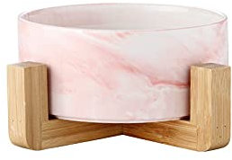 ciotola singola per cani e gatti in ceramica da 850ML in bambù, rialzata e sollevata da terra, base antiscivolo con 4 cuscinetti (SINGOLA 15.5 CM, MARMO ROSA)