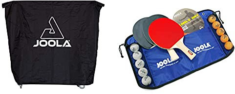 JOOLA Tischtennistisch Abdeckung Tischabdeckung Wetterfeste Schutzhülle Outdoor und Indoor, Schwarz, 150 x 160 x 50-80 & Tischtennis-Set Family, 4 Tischtennisschläger + 10 Tischtennisbälle + Tasche