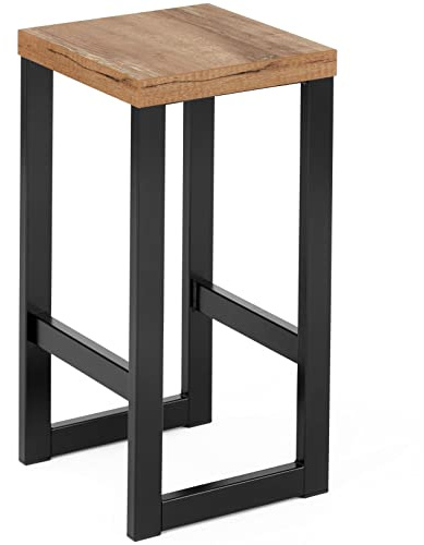 NOVECRAFTO Bar Stool 23.6 (60cm) – Industrial Kitchen Breakfast Stool with Footrest, Rustic Wood Top & Black Metal Powder-Coated Frame – Retro Bar Chair for Living Room, Home Pub, and Counter Seating