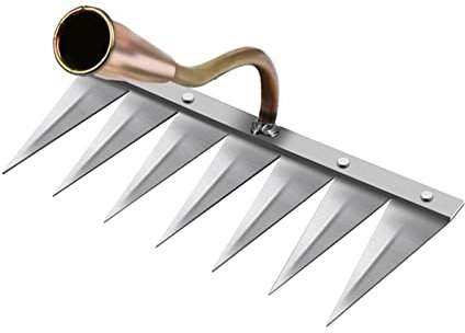 Milageto Gartenhacke zum Lockern und Jäten, Kartoffelhacke mit 7 Zinken, ergonomischer Stiel, Korrosionsschutz, Dunghacke aus Stahl Unkrautharke für Garten, Kübel, Beete, Gold 7 Zähne