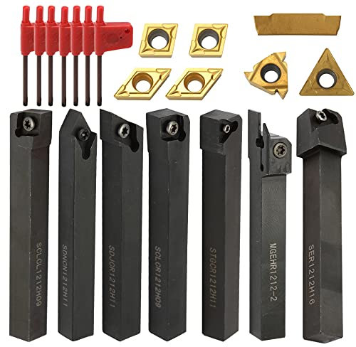 Mulcort Outil de tournage,7 pièces tige de 16 mm porte-outil en carbure,21 pièces porte-outil de tournage ensemble,ensemble de bricolage tour en acier en métal support de barre d'alésage