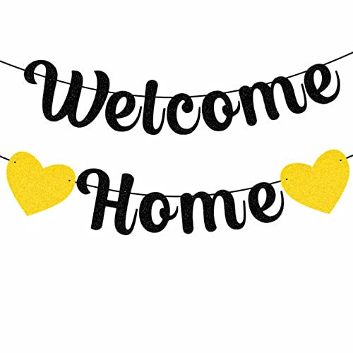 bng-bng Welcome Home Decorations Banners Glitter Hanging Bunting for Welcome Back Welcome Home Baby Shower Welcome Family Home Party Decorations Party Supplies Gold Black