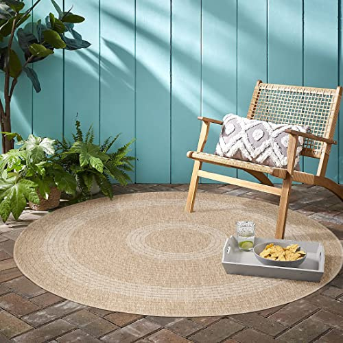 Tappeto esterno stile scandinavo, rotondo, design vintage, effetto sisal, resistente, terrazza, balcone, cucina, giardino, campeggio Misurare: 200 cm Rund Colore: Beige-1