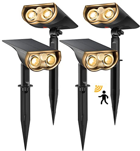 Linkind 1000Lm 2-Farbe Solarleuchten mit Bewegungsmelder, 24-LED Solar Gartenleuchte mit 3 Modi, 2-in-1 Montage, IP67 LED Garten Solar Strahler Aussen StarRay, Warm & Weiß 4 Stück