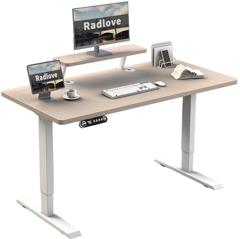 Radlove Scrivania elettrica regolabile in altezza, con 4 controlli in memoria e tecnologia anti-collisione (rovere+ripiano per monitor, 76 x 140 cm)