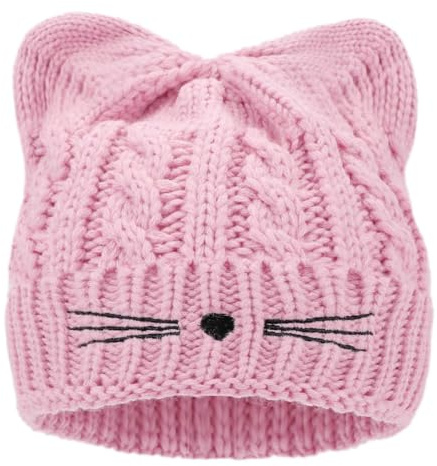 Kids Girls Cable Knit Winter Hat Beanie with Cat Ear Light Pink