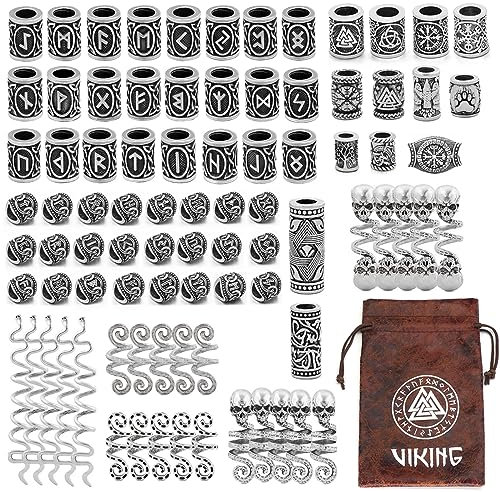 GuoShuang 86Pcs Rune Norse Viking Beads For Hair Beard Bracelet Pendant Jewelry Making Dreadlock Beads With Leather Valknut Gift Bag