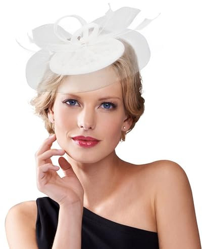 Dodheah Fascinators Hut Hochzeitshut Kopfbedeckung Vintage Schleier Hut Derbyhut für Frauen Pillbox Hüte Stirnband Damen Haarspangen für Hochzeit Ascot Karneval Tee Party 0815-Weiß