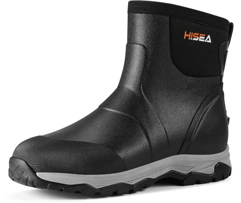 HISEA Upgraded Excursion Pro Men's Rain Boots, Ankle Height Rubber Hunting Boots Waterproof Insulated Neoprene Boots Durable Outdoor Mud Booties for Hunting Gardening Farming Fishing and Yard Work, Size 10 Black