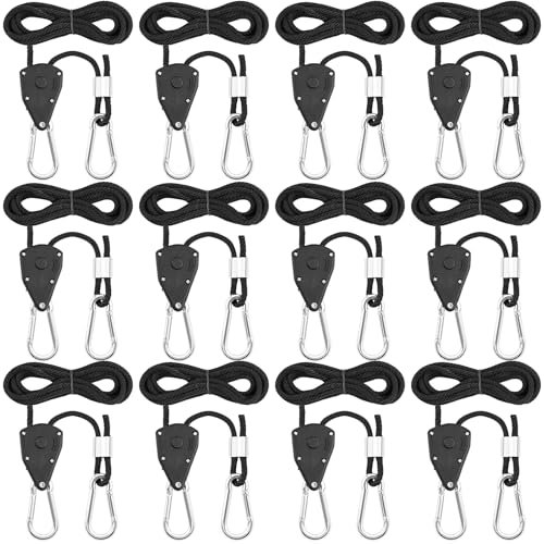 12 Stück Ratchet Hanger, Einstellbare Seil Seilhaken Ratsche Seilratsche 2.2M, Verstellbare Seilzug-Ratschen Gurte, 1/8 Zoll Hochleistungsseil für Pflanzen, Ventilatoren & Lampen - Metallräde