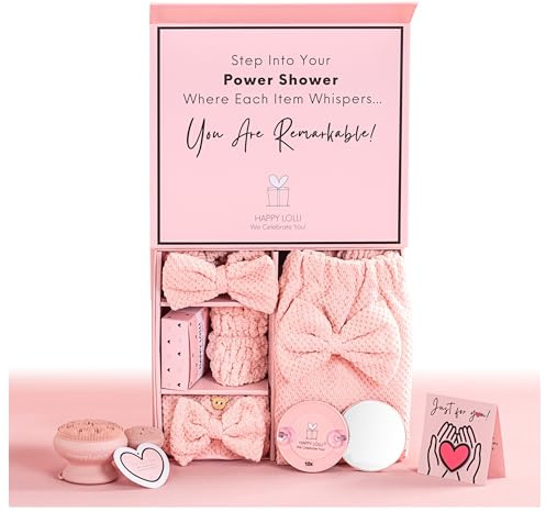 Happy Lolli Power Shower presentset: Lyxiga badtillbehörskorg för kvinnor och tonårstjejer – inkluderar kropps- och hårhandduk, armband, pannband, ansiktssvamp och mer – stärk din rutin (fräsch i rosa