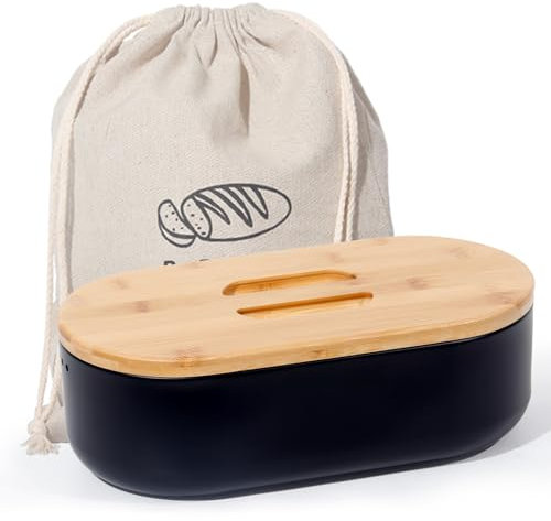 SYLANDO Brotkasten mit Großer Kapazität, Hochwertige Metall Brotbox, Die Aufbewahrung für noch länger frisches Brot, Deckel aus Ökologisches Bambus (Klein-Schwarz-33,5 * 18 * 11,3CM)