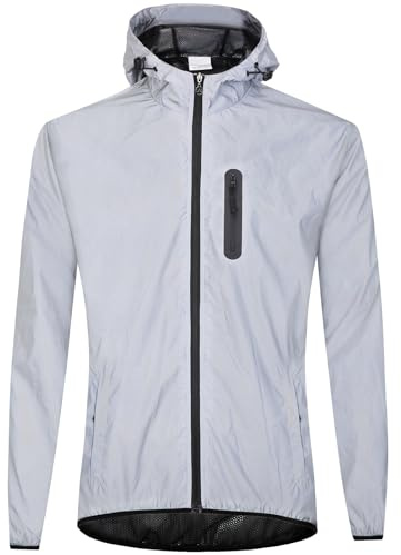 SECXEO Fahrradjacke Reflektierend Damen, Herren Wasserdicht Atmungsaktiv Radjacke mit Kapuze, Winddicht Fahrrad Regenjacke für Radfahren Laufen Wandern - Silber XL