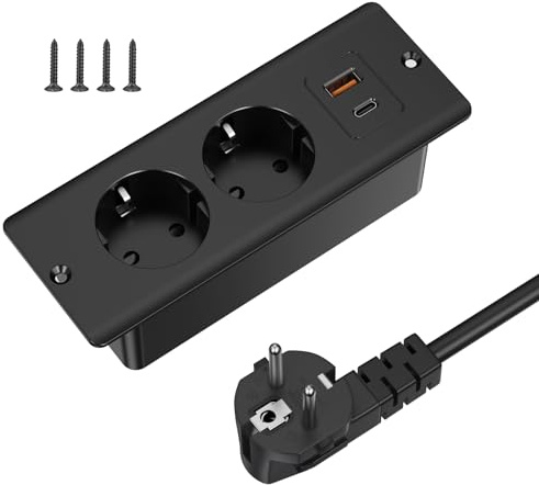 Tischsteckdose mit 2 USB und 2-Fach Steckdosenleiste, 2m Kabel, für Möbel und Arbeitsflächen