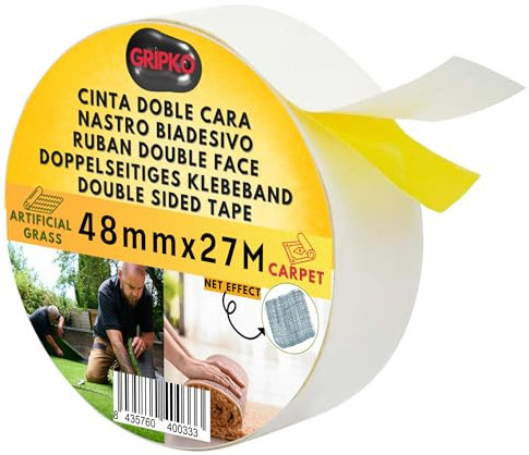 Gripko - Cinta Doble Cara Fina Extrafuerte 20m x 48mm Alfombras y Césped Artificial – Moquetas - Adhesivo Reforzado, Amarillo, para Uso Interior y Exterior - Sin Residuos
