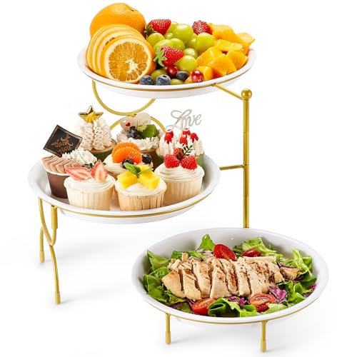 Lifewit Vassoio da Portata con 3 Piatti Rotondo, Rotondo Vassoio Plastica, Alzate per Buffet Dolci, Portafrutta da Tavolo, Cucina Decorativo, Vassoi e Piatti con Ripiani, Rastrelliera in Metallo Oro